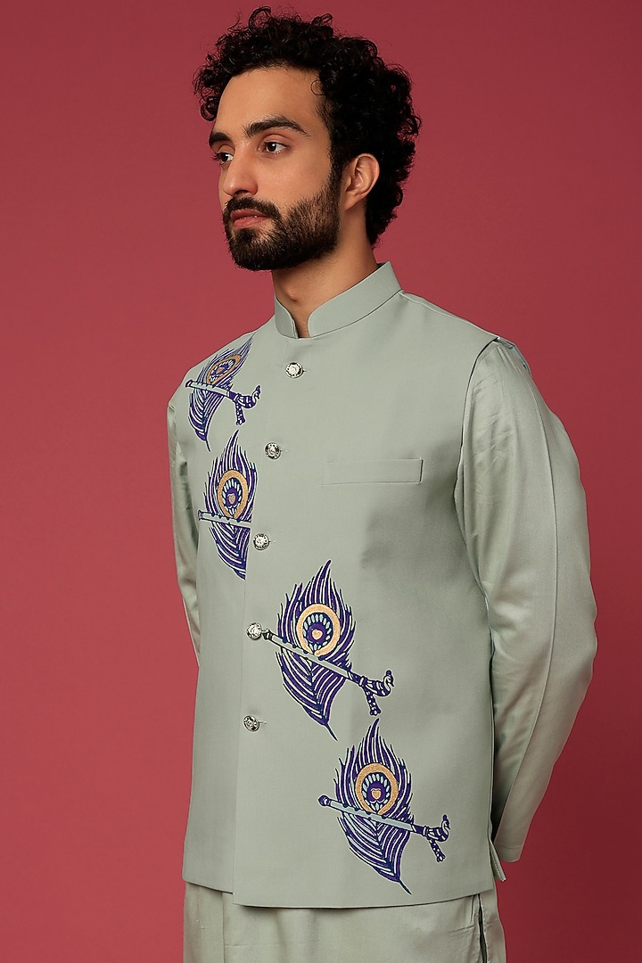 Faint Green Terry Rayon Printed Bundi Jacket Set by Abees at Pernia's Pop Up Shop
