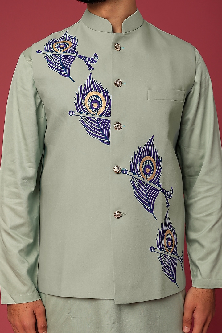 Faint Green Terry Rayon Printed Bundi Jacket Set by Abees at Pernia's Pop Up Shop