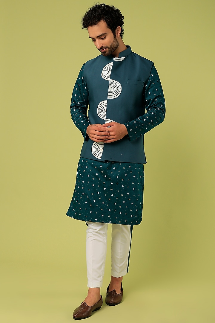 Turquoise Bundi Jacket With Printed Kurta Set by Abees
