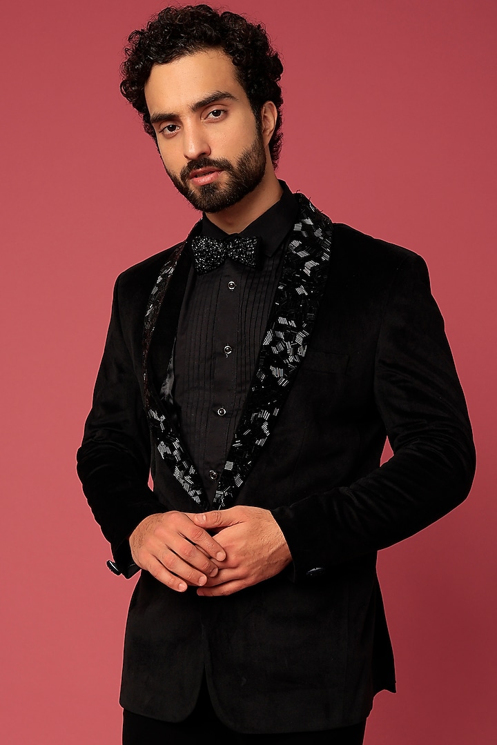 Black Velvet Hand Worked Tuxedo Set by Abees at Pernia's Pop Up Shop