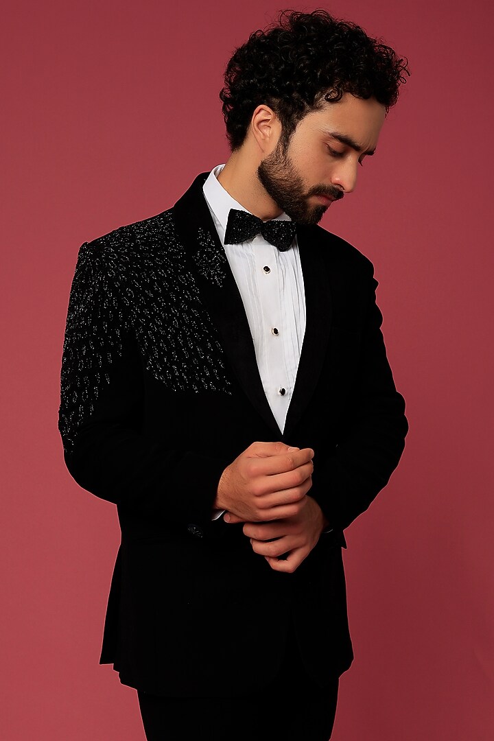 Black Japanese Twill Hand Worked Tuxedo Set by Abees at Pernia's Pop Up Shop