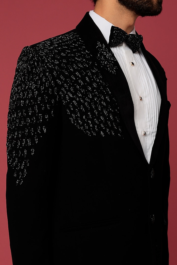Black Japanese Twill Hand Worked Tuxedo Set by Abees at Pernia's Pop Up Shop