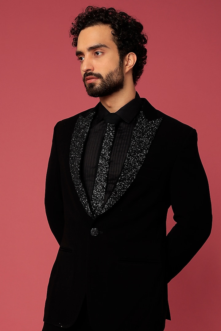 Black Japanese Twill Hand Worked Tuxedo Set by Abees at Pernia's Pop Up Shop