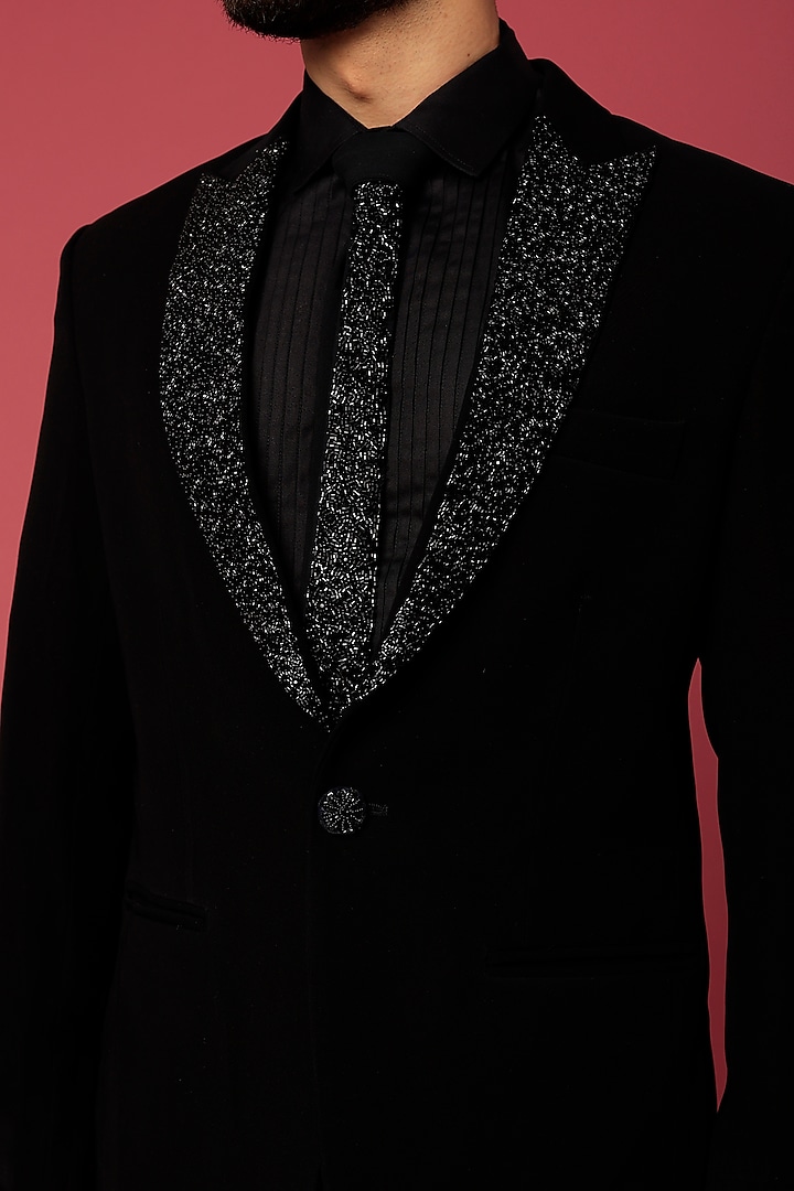 Black Japanese Twill Hand Worked Tuxedo Set by Abees at Pernia's Pop Up Shop