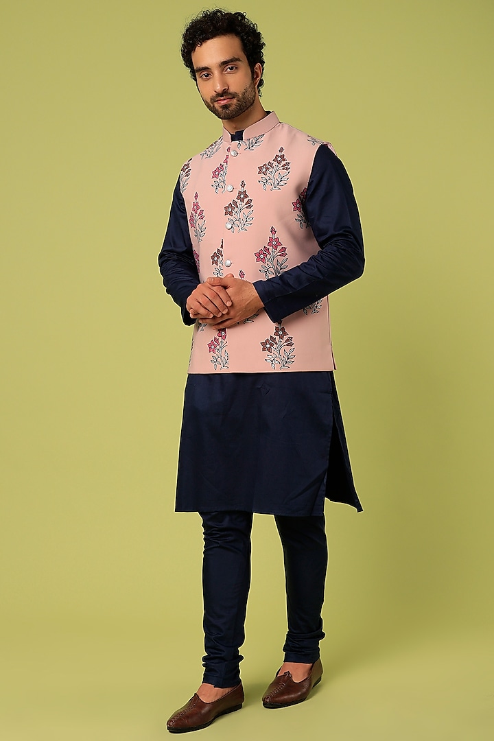 Baby Pink Printed Bundi Jacket With Kurta Set by Abees