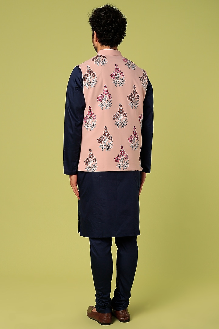 Baby Pink Terry Rayon Block Printed Bundi Jacket Set by Abees at Pernia's Pop Up Shop