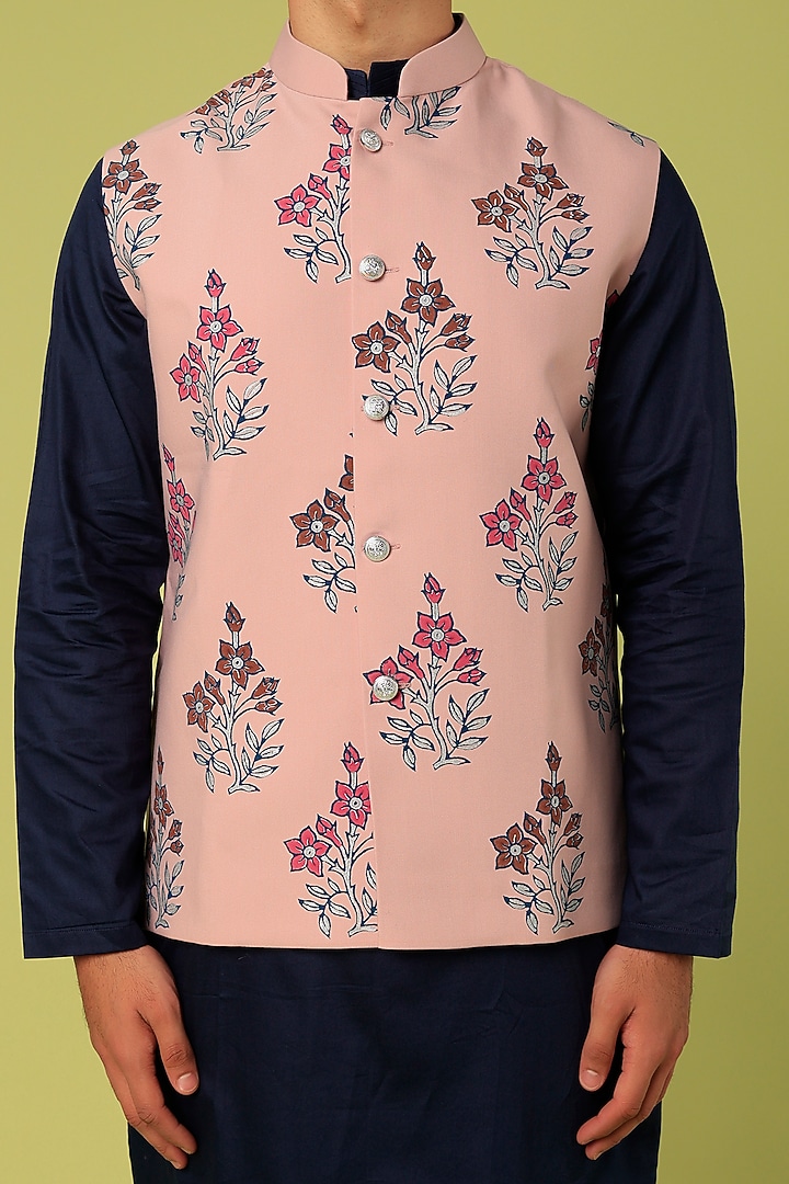 Baby Pink Terry Rayon Block Printed Bundi Jacket Set by Abees at Pernia's Pop Up Shop