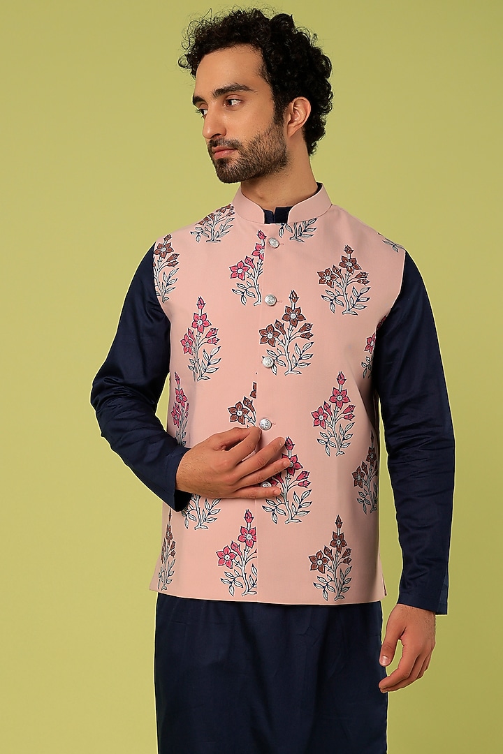 Baby Pink Terry Rayon Block Printed Bundi Jacket Set by Abees at Pernia's Pop Up Shop