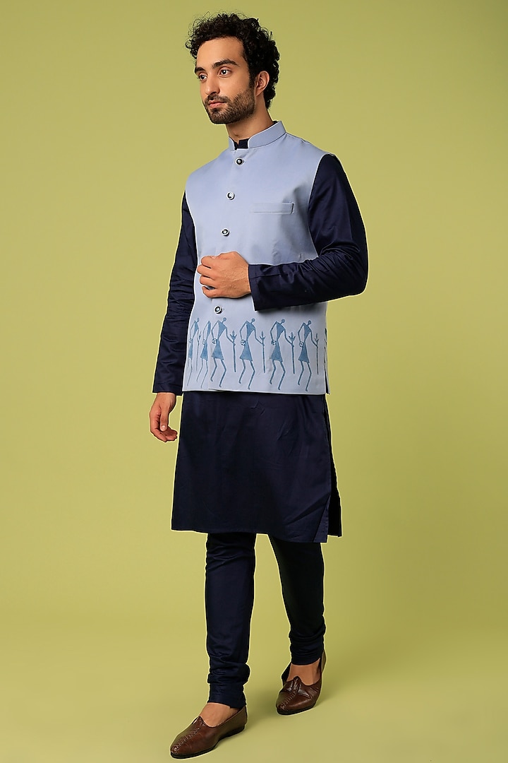Sky Blue Printed Bundi Jacket With Kurta Set by Abees