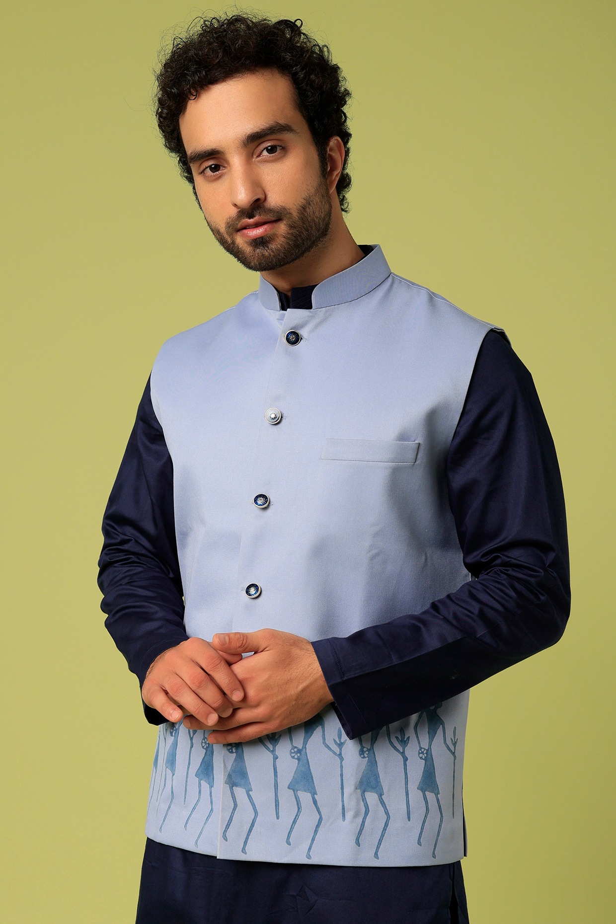 Cotton Fabric Blue Color Wedding Wear Kurta Pyjama With Jacket