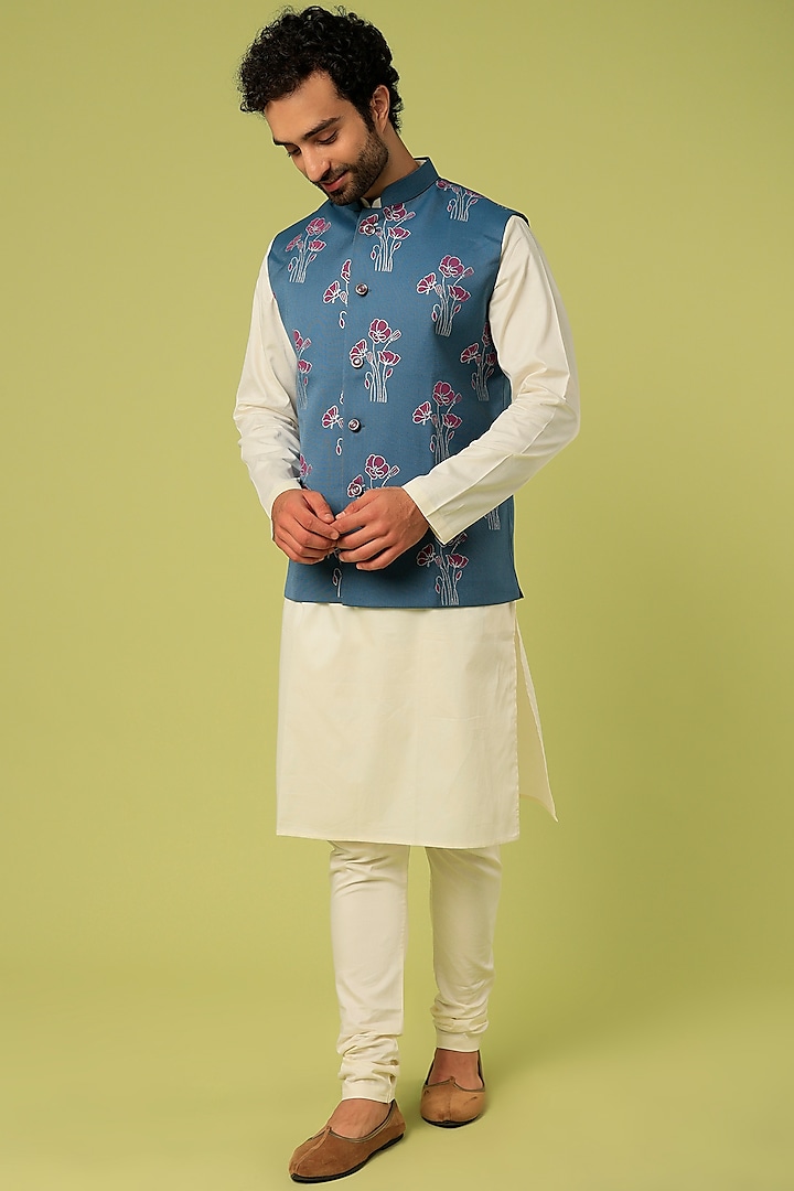 Cobalt Blue Printed Bundi Jacket With Kurta Set by Abees