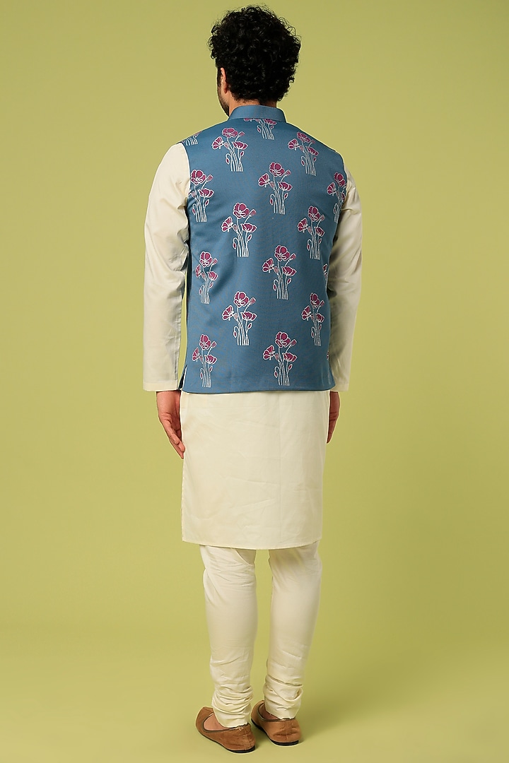 Cobalt Blue Terry Rayon Block Printed Bundi Jacket Set by Abees at Pernia's Pop Up Shop