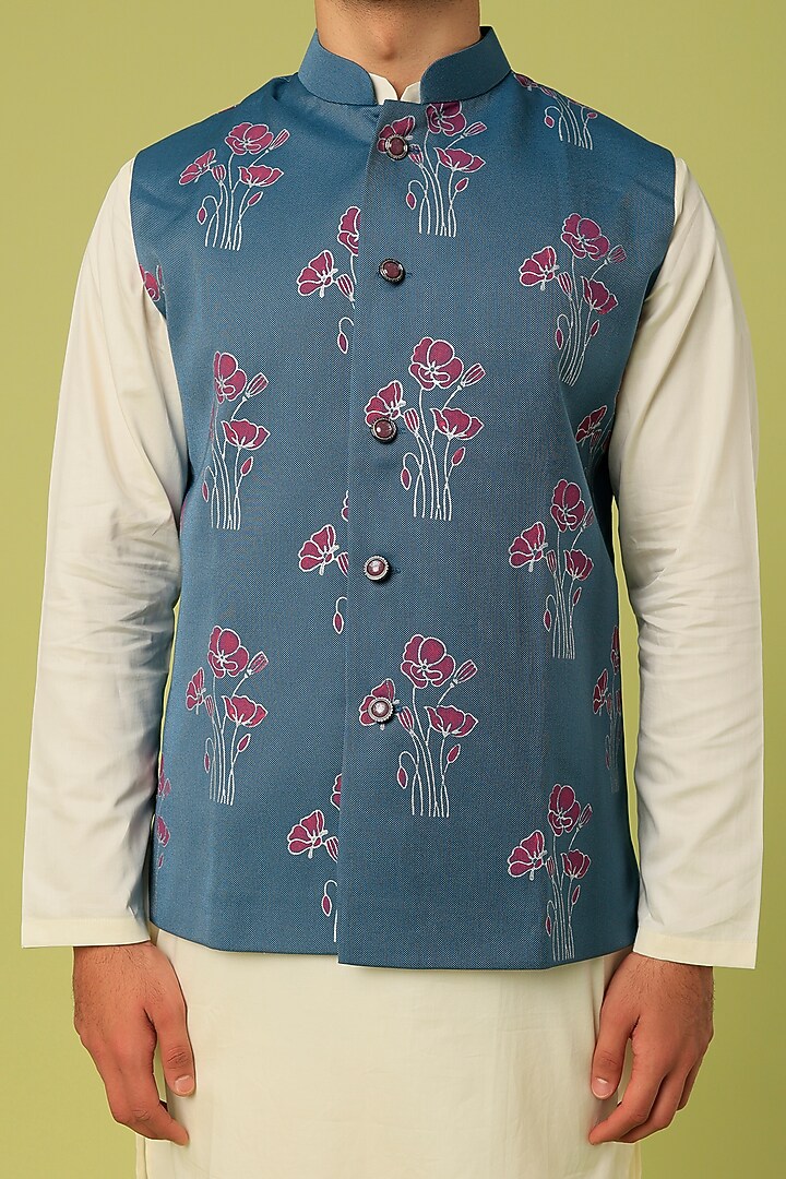 Cobalt Blue Terry Rayon Block Printed Bundi Jacket Set by Abees at Pernia's Pop Up Shop