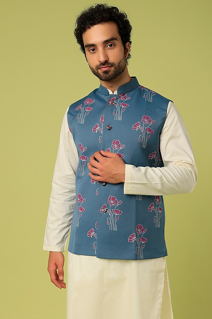 Cobalt Blue Terry Rayon Block Printed Bundi Jacket Set by Abees at Pernia's Pop Up Shop