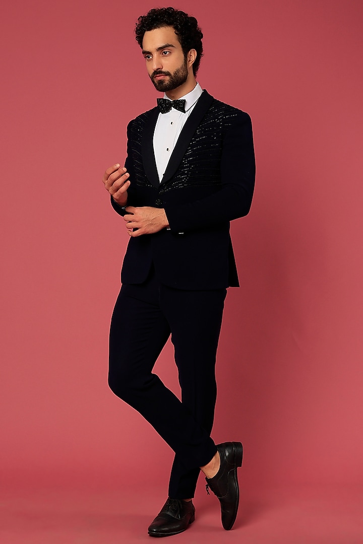 Navy Blue Twill Hand Worked Tuxedo Set Design by Abees at Pernia's Pop ...