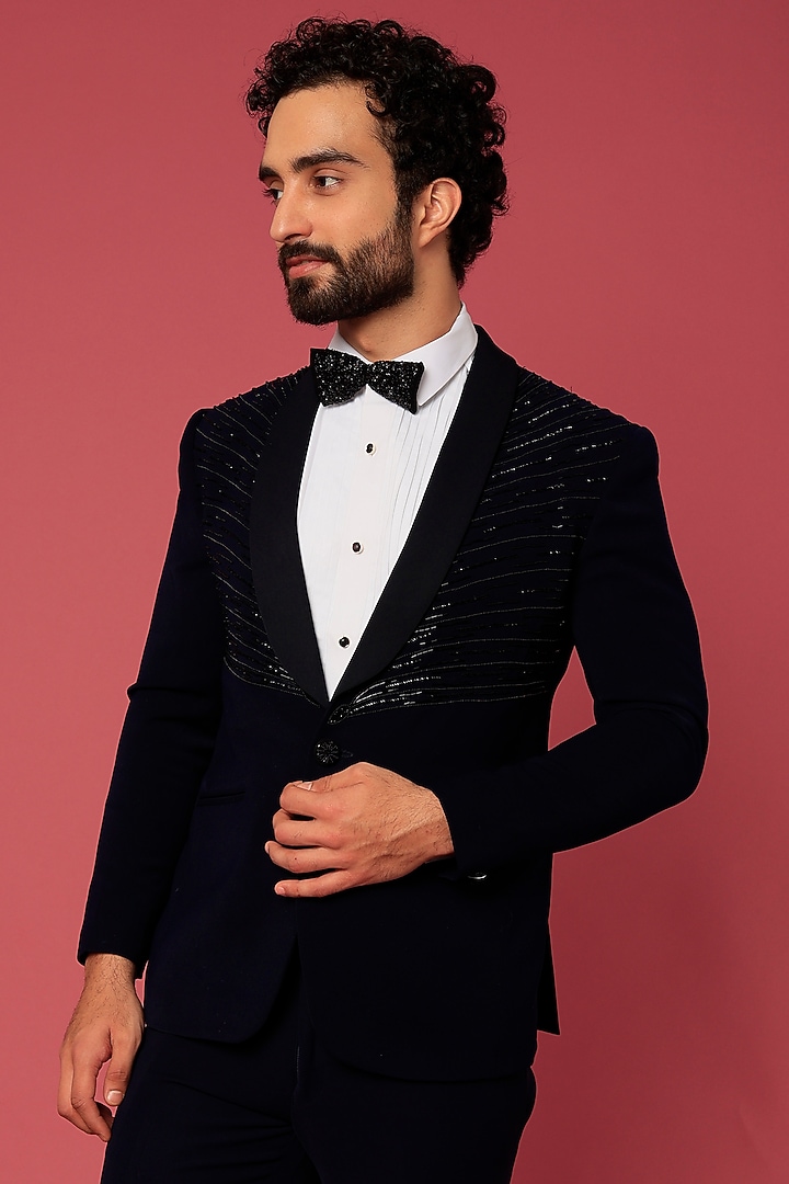 Navy Blue Japanese Twill Hand Worked Tuxedo Set by Abees at Pernia's Pop Up Shop