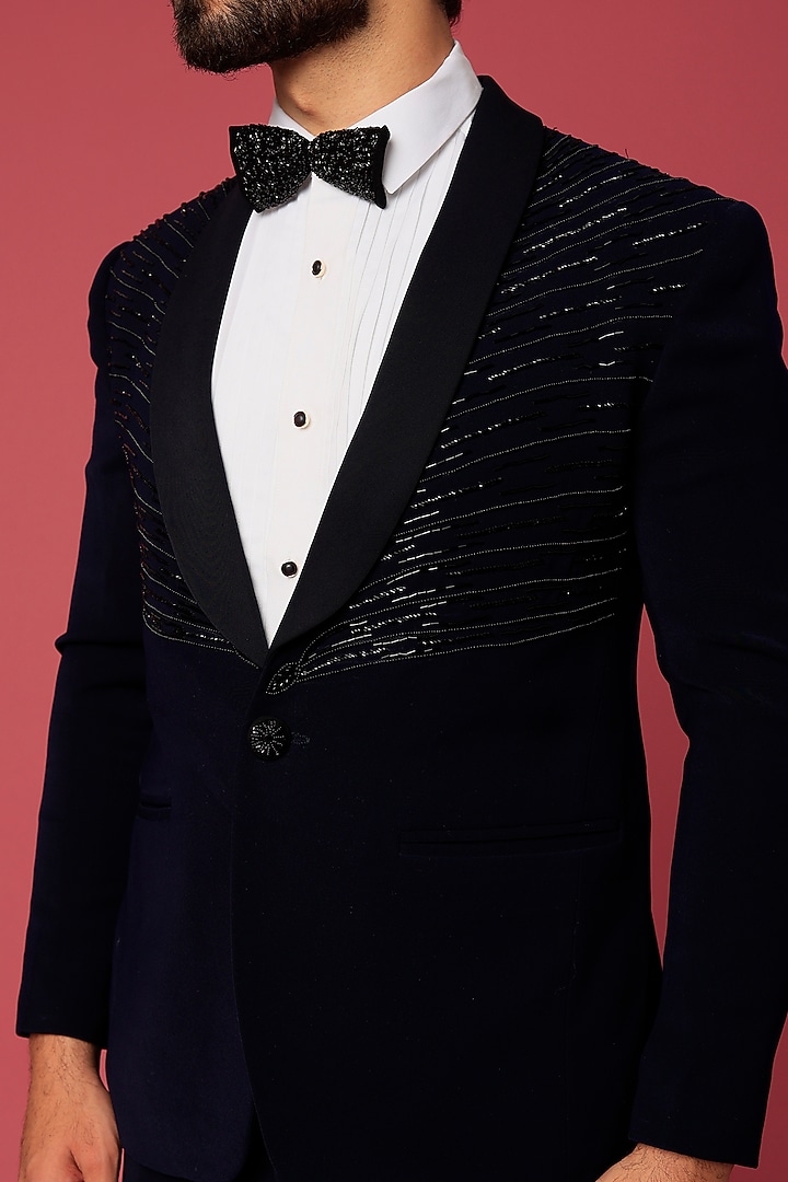 Navy Blue Japanese Twill Hand Worked Tuxedo Set by Abees at Pernia's Pop Up Shop