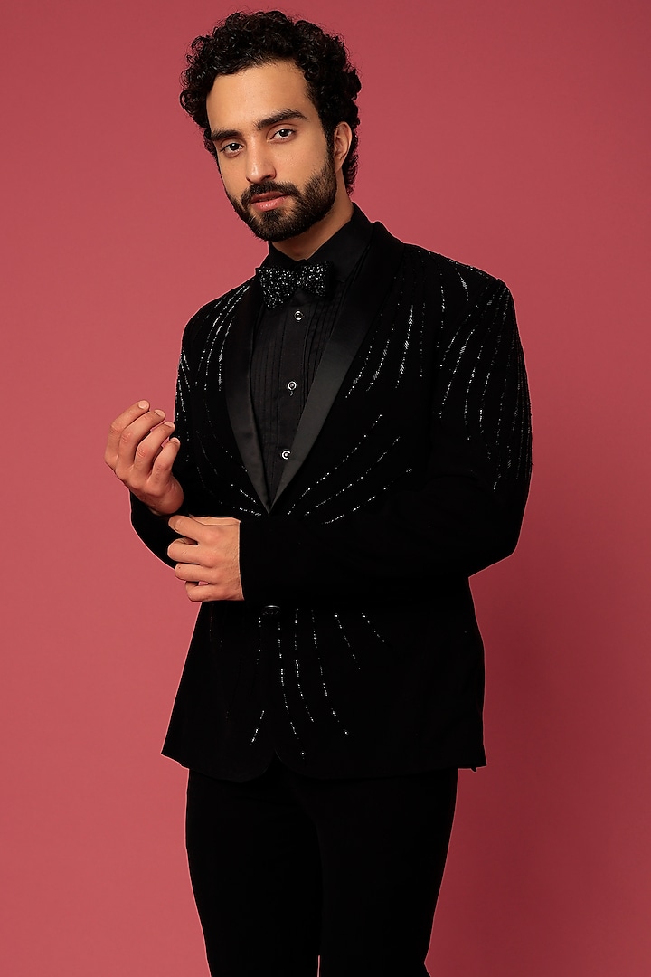 Black Japanese Twill Hand Worked Tuxedo Set by Abees at Pernia's Pop Up Shop