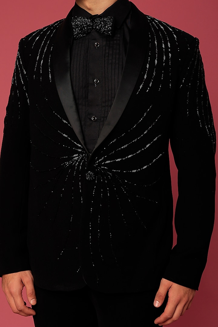 Black Japanese Twill Hand Worked Tuxedo Set by Abees at Pernia's Pop Up Shop