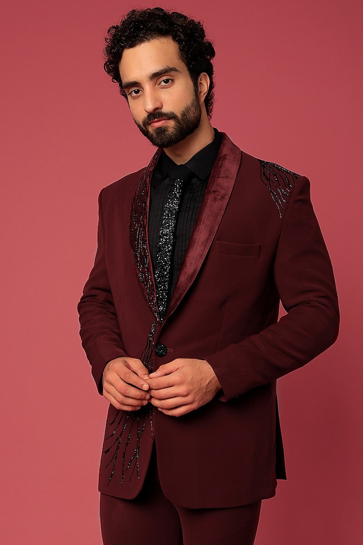 Wine Velvet Hand Worked Tuxedo Set by Abees at Pernia's Pop Up Shop