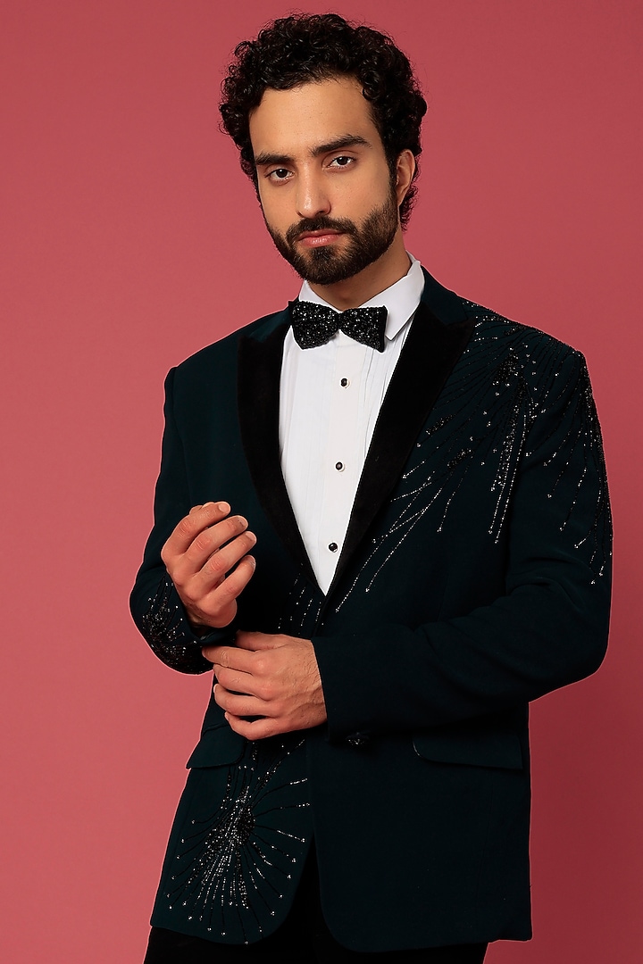 Bottle Green Japanese Twill Hand Worked Tuxedo Set by Abees at Pernia's Pop Up Shop