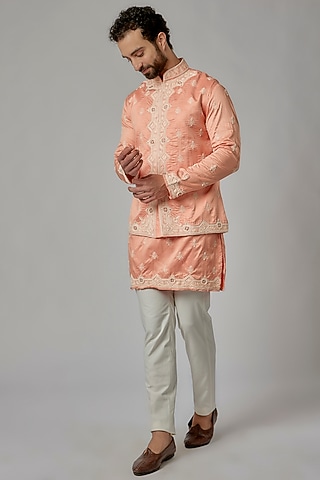 Peach Orange Cotton Silk Bead Work Bundi Set by Abees