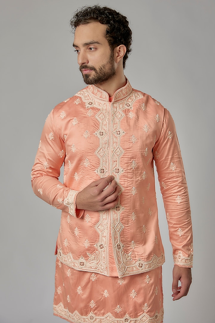 Peach Orange Cotton Silk Bead Work Bundi Set by Abees at Pernia's Pop Up Shop