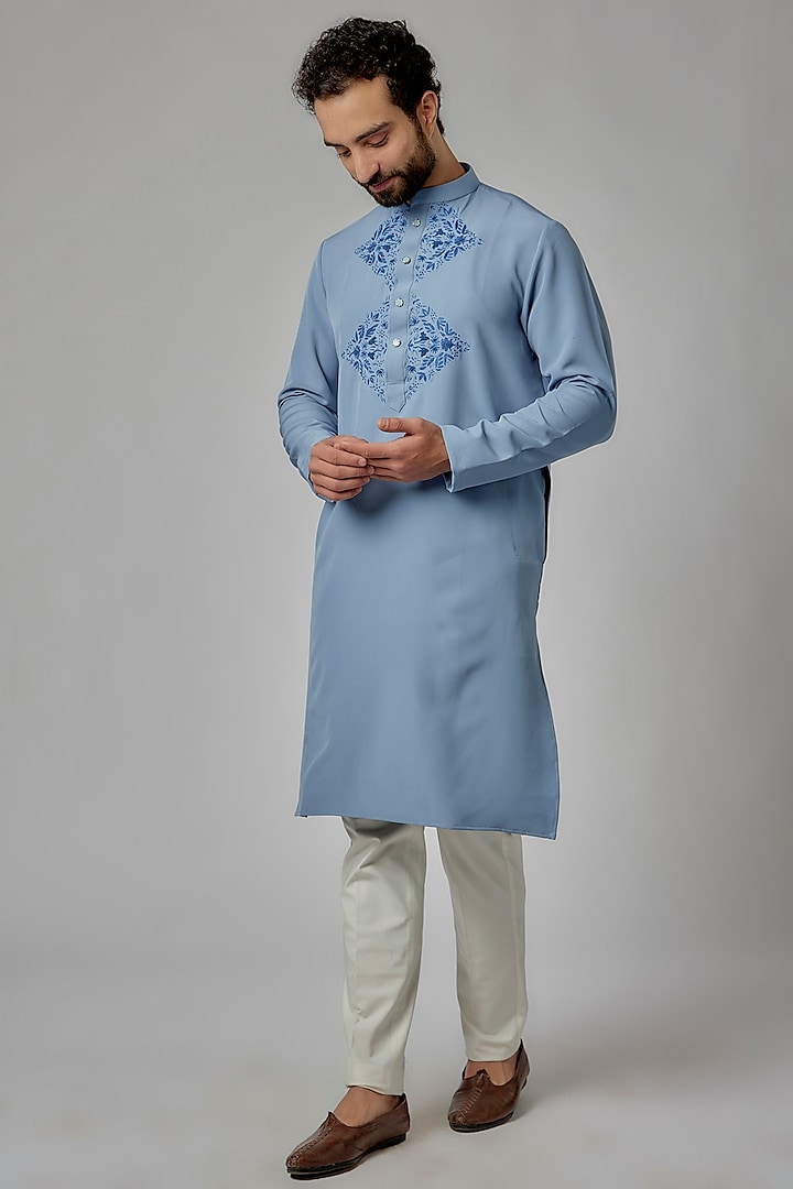 Blue Japanese Rayon Thread Work Kurta Set by Abees