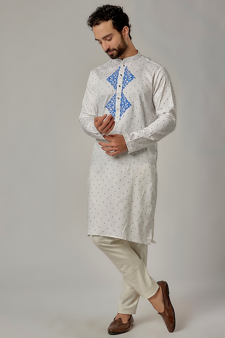 White Cotton Silk Thread Work & Printed Kurta Set by Abees