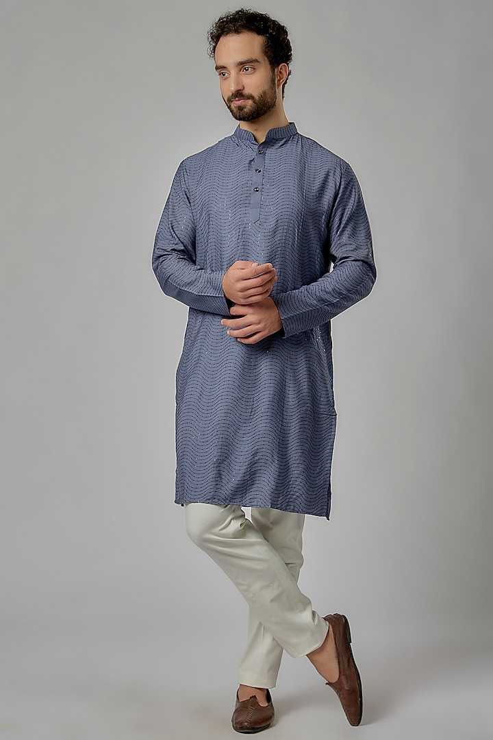 Blue Cotton Silk Sequins Work Kurta Set by Abees at Pernia's Pop Up Shop