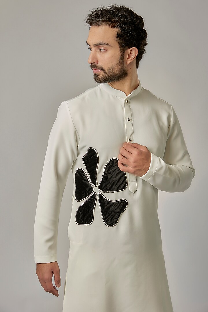 Off-White Japanese Rayon Patch Work Kurta Set by Abees at Pernia's Pop Up Shop