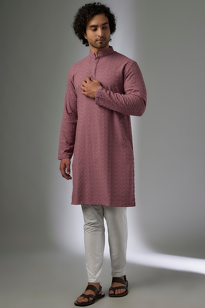 Pink Cotton Chikankari Embroidered Kurta Set by Abees