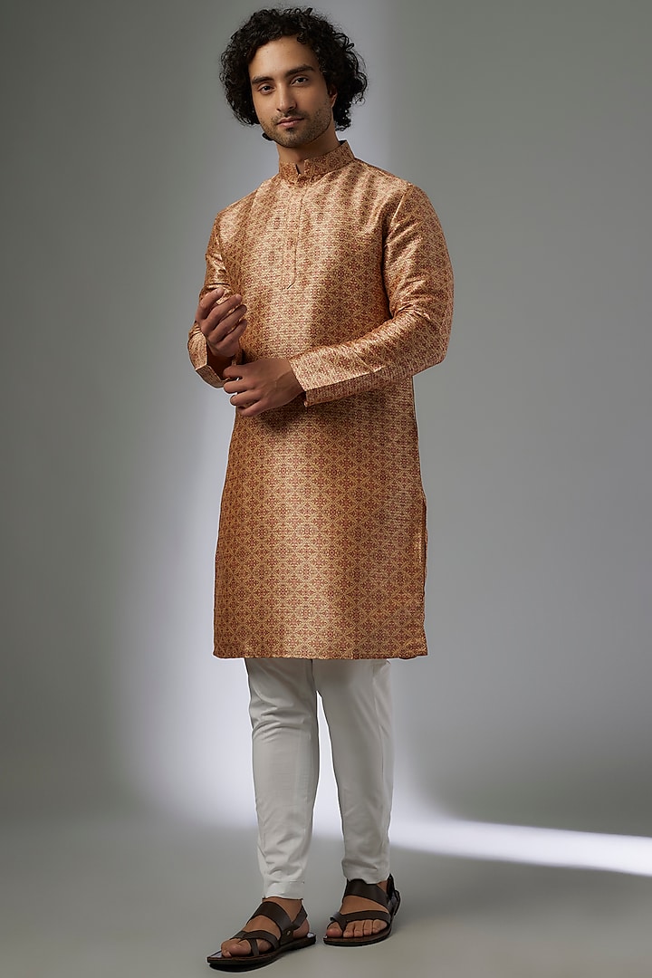 Gold Chanderi Silk Printed Kurta Set by Abees