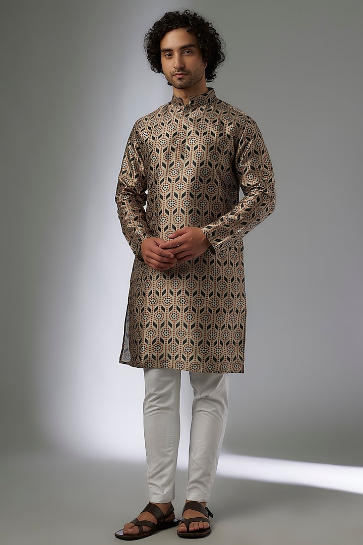 Black Chanderi Silk Printed Kurta Set by Abees