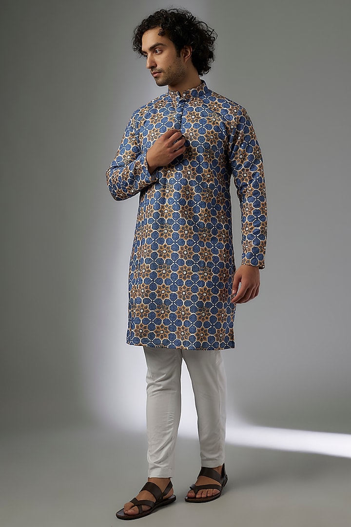 Blue Cotton Printed & Sequins Embroidered Kurta Set by Abees