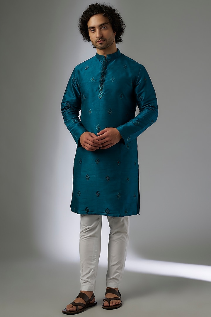 Teal Blue Silk Boota Embroidered Kurta Set by Abees at Pernia's Pop Up Shop