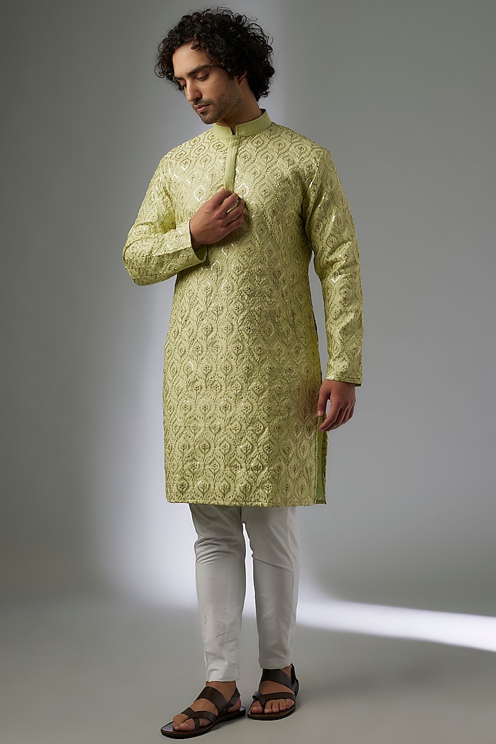 Bright Green Chanderi Silk Kurta Set by Abees at Pernia's Pop Up Shop