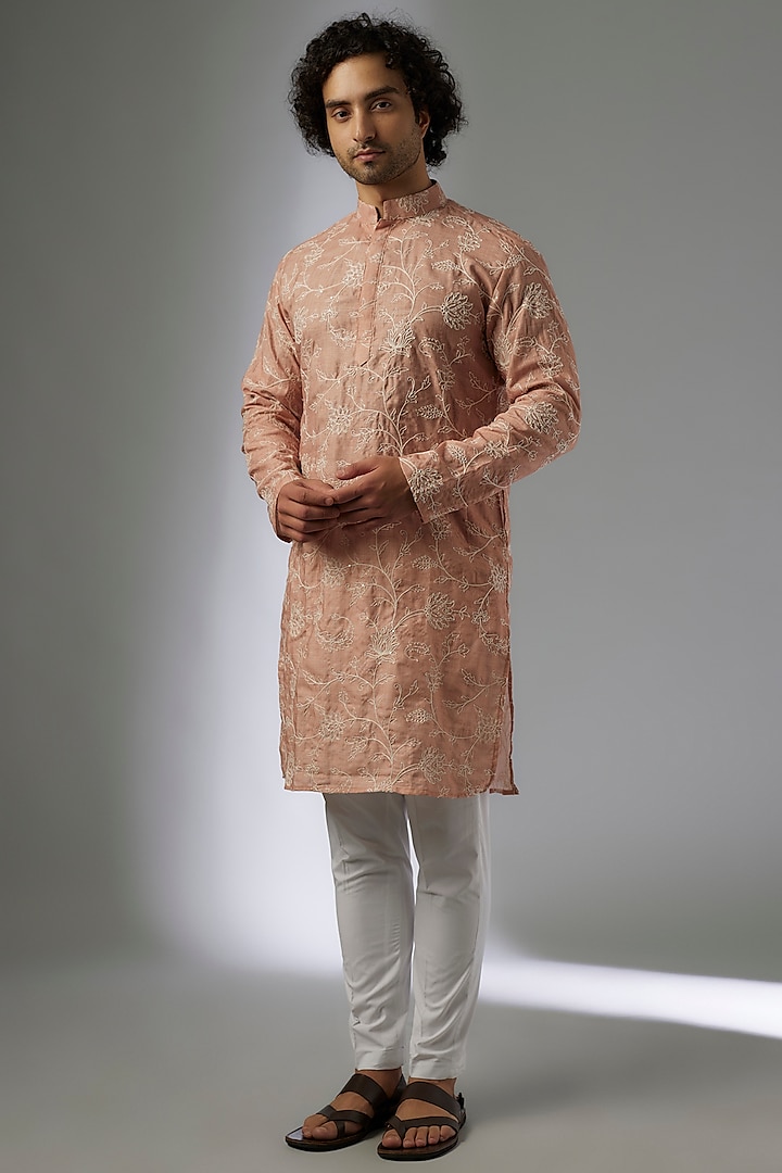 Orange Linen Machine Embroidered Kurta Set by Abees at Pernia's Pop Up Shop