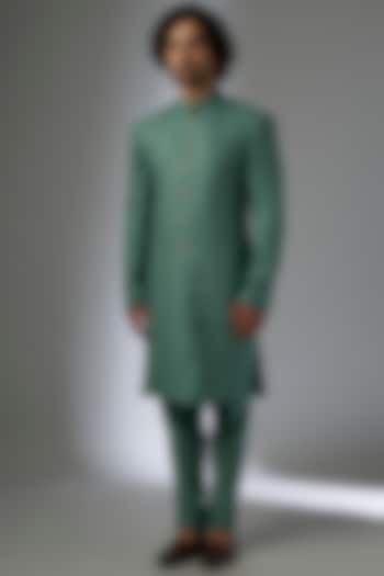 Olive Green Silk Machine Embroidered Wedding Sherwani Set by Abees at Pernia's Pop Up Shop