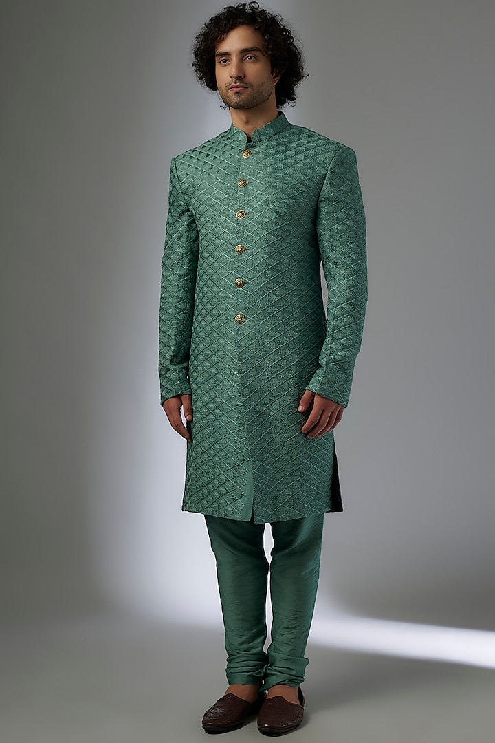 Olive Green Silk Machine Embroidered Wedding Sherwani Set by Abees at Pernia's Pop Up Shop