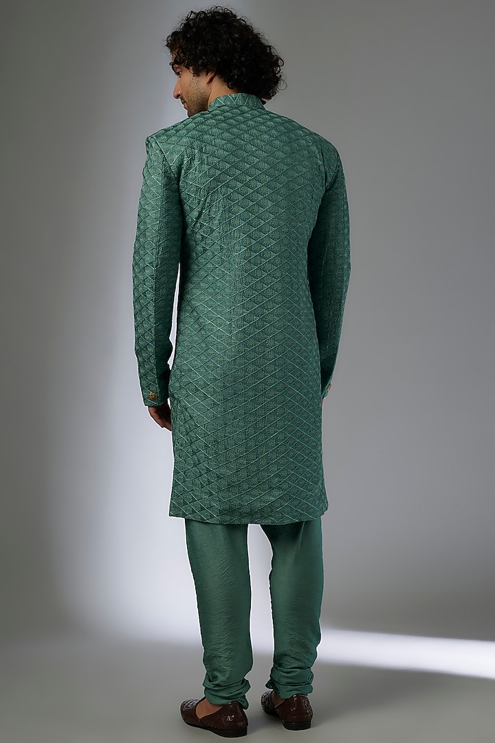 Olive Green Silk Machine Embroidered Wedding Sherwani Set by Abees at Pernia's Pop Up Shop