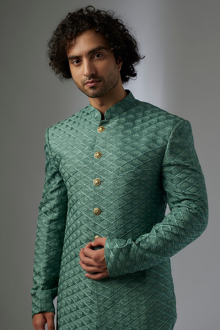 Olive Green Silk Machine Embroidered Wedding Sherwani Set by Abees at Pernia's Pop Up Shop