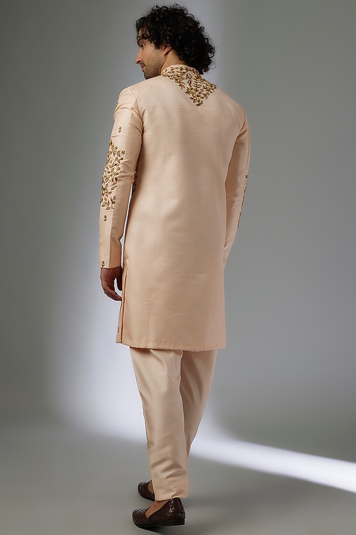 Peach Silk Hand Embroidered Wedding Sherwani Set by Abees at Pernia's Pop Up Shop