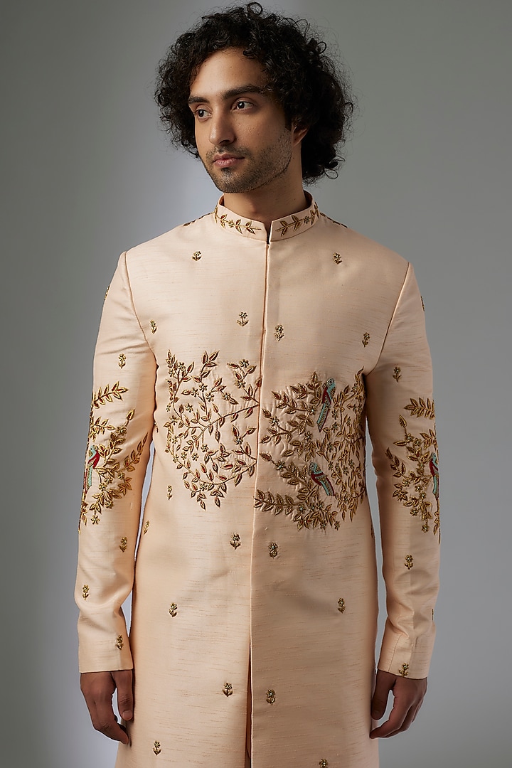 Peach Silk Hand Embroidered Wedding Sherwani Set by Abees at Pernia's Pop Up Shop