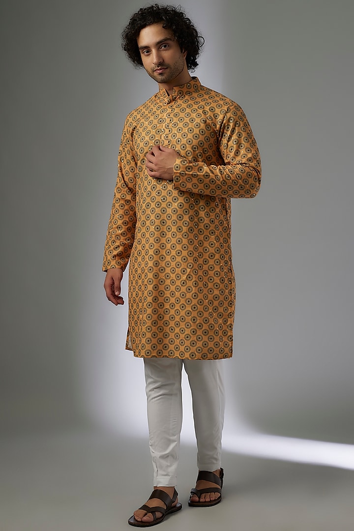 Yellow Silk Hand Embroidered Kurta Set by Abees at Pernia's Pop Up Shop