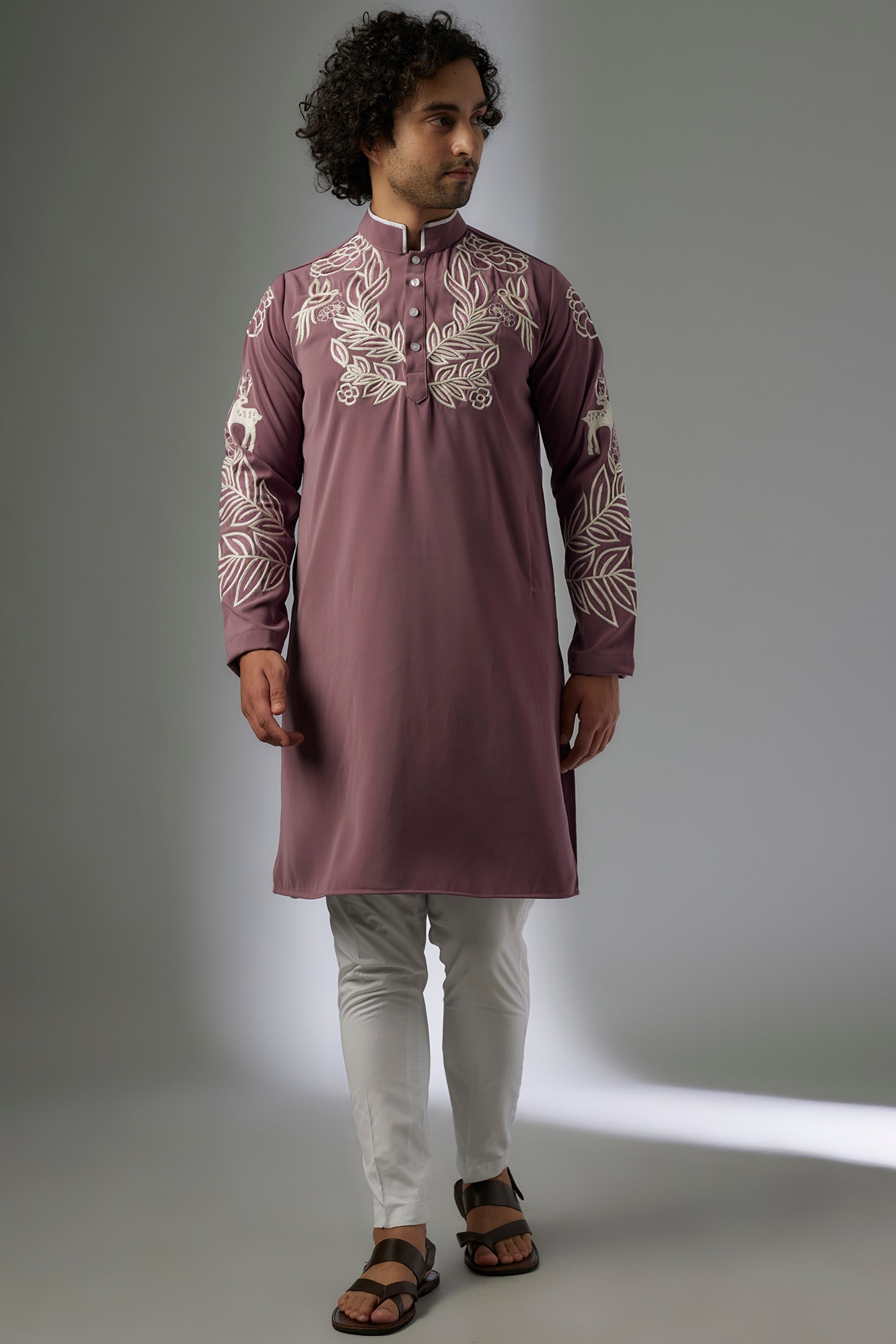 Women Onion Pink Thread Embroidered  Rayon Straight Kurta