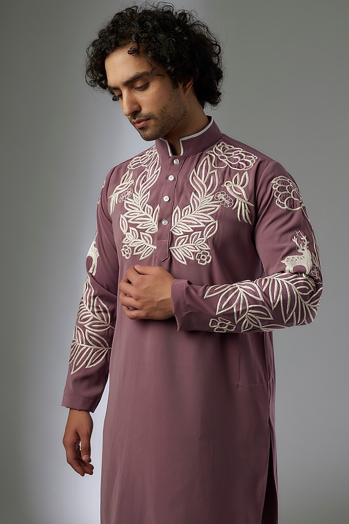 Onion Pink Japanese Rayon Hand Embroidered Kurta Set by Abees at Pernia's Pop Up Shop
