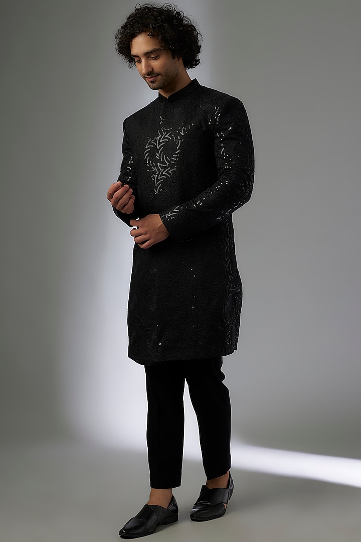 Black Japanese Rayon Hand Embroidered Wedding Sherwani Set by Abees at Pernia's Pop Up Shop