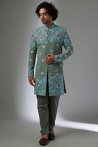 Olive Green Japanese Rayon Hand Embroidered Sherwani Set by Abees