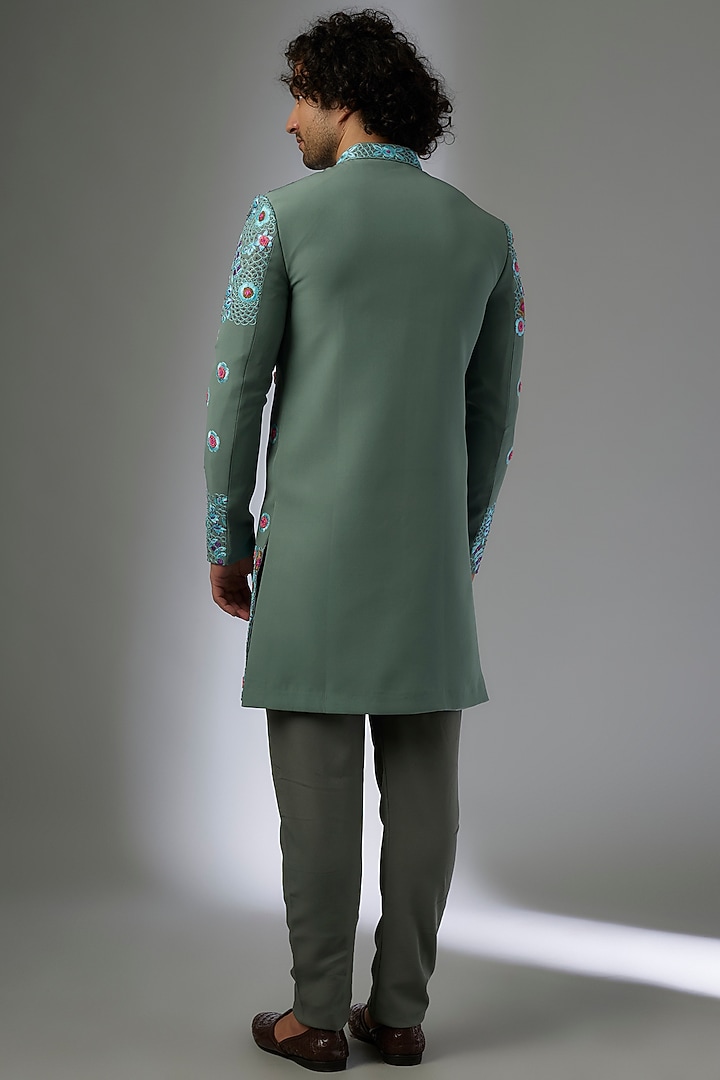 Olive Green Japanese Rayon Hand Embroidered Wedding Sherwani Set by Abees at Pernia's Pop Up Shop